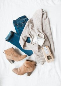 gray cardigan, blue jeans, and pair of brown chunky heeled shoes